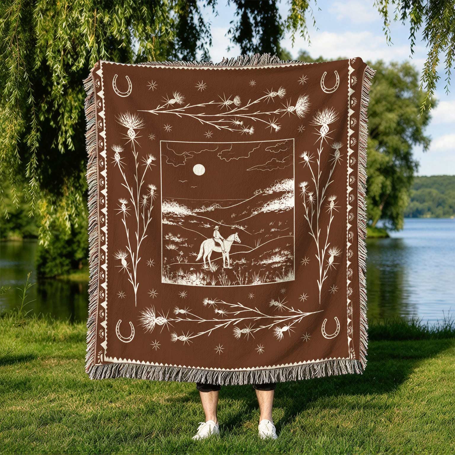 Western Moonlight Horse Rider Thistle And Horseshoe Folk Art Knitted Fringe Blanket
