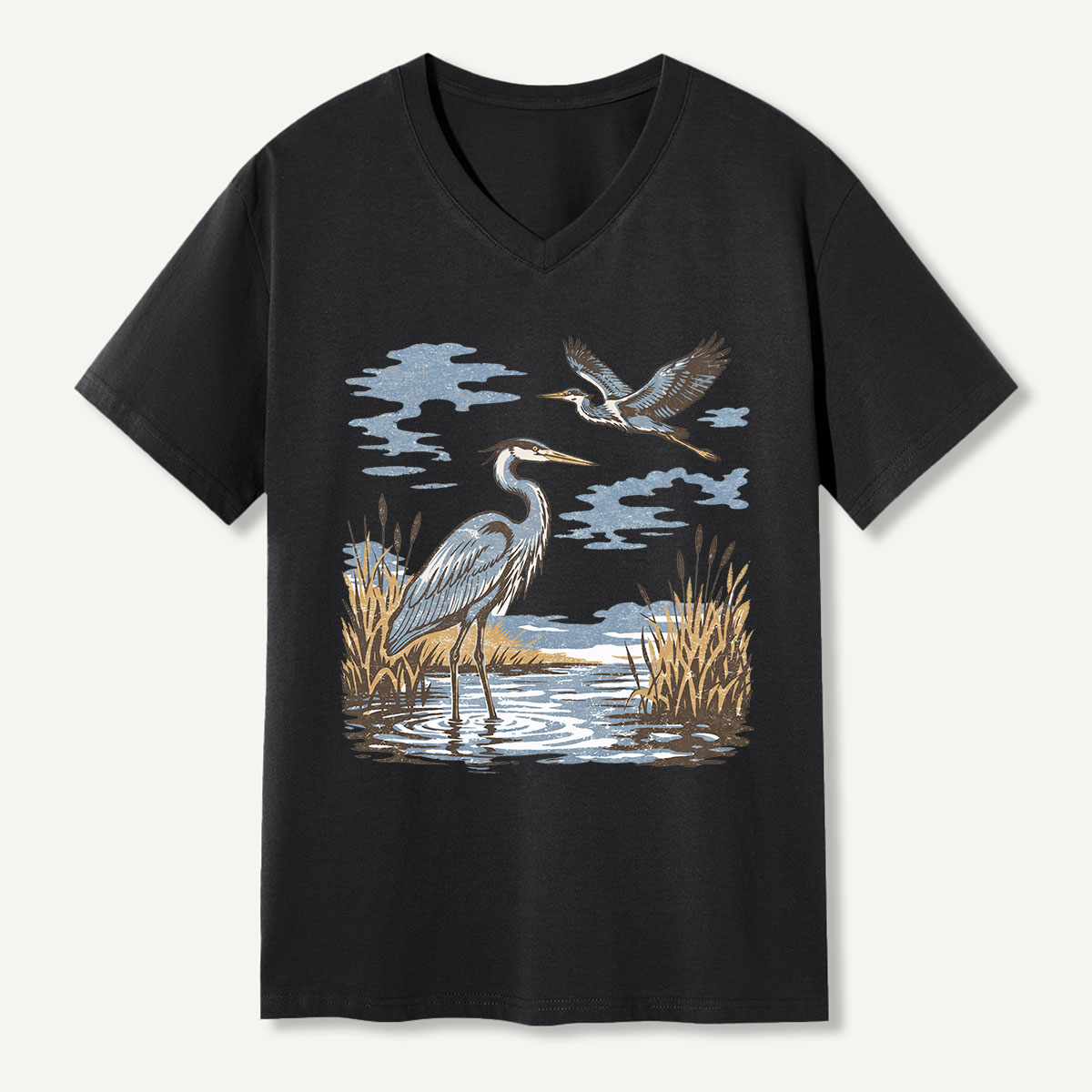 Vintage Heron Wetland Bird Nature V-neck T-Shirt