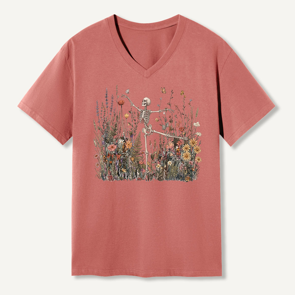 Dancing Skeleton Wildflower Garden V-neck T-Shirt
