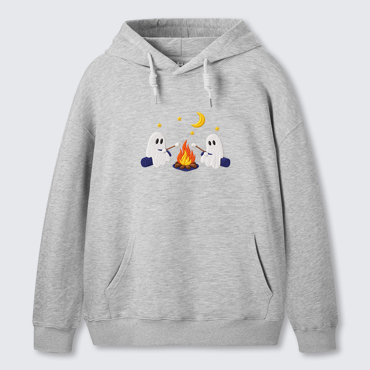Ghost Campfire Under Moon Embroidered Cotton Hoodie
