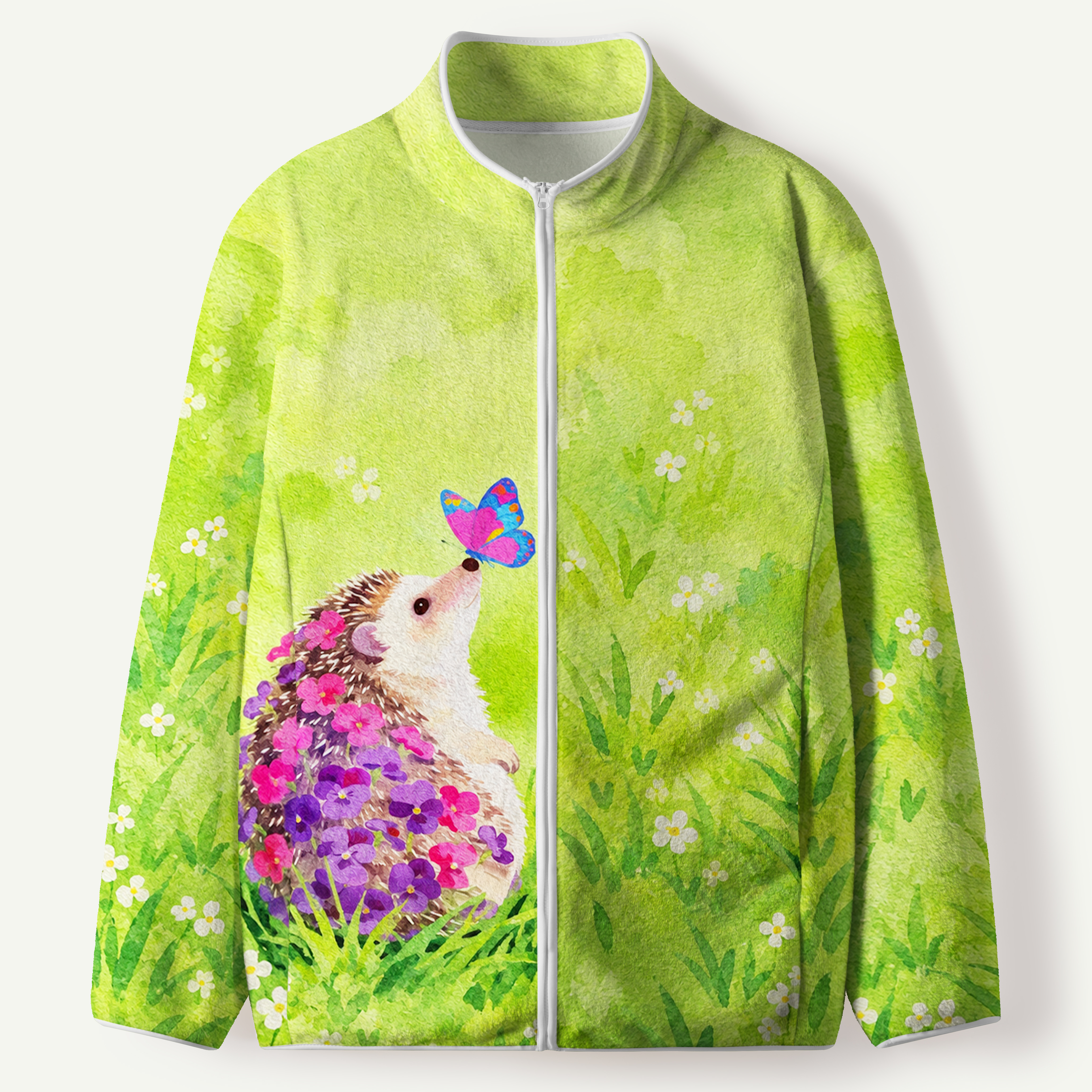 Floral Hedgehog And Butterfly Women's Flannel Zip Front Cardigan