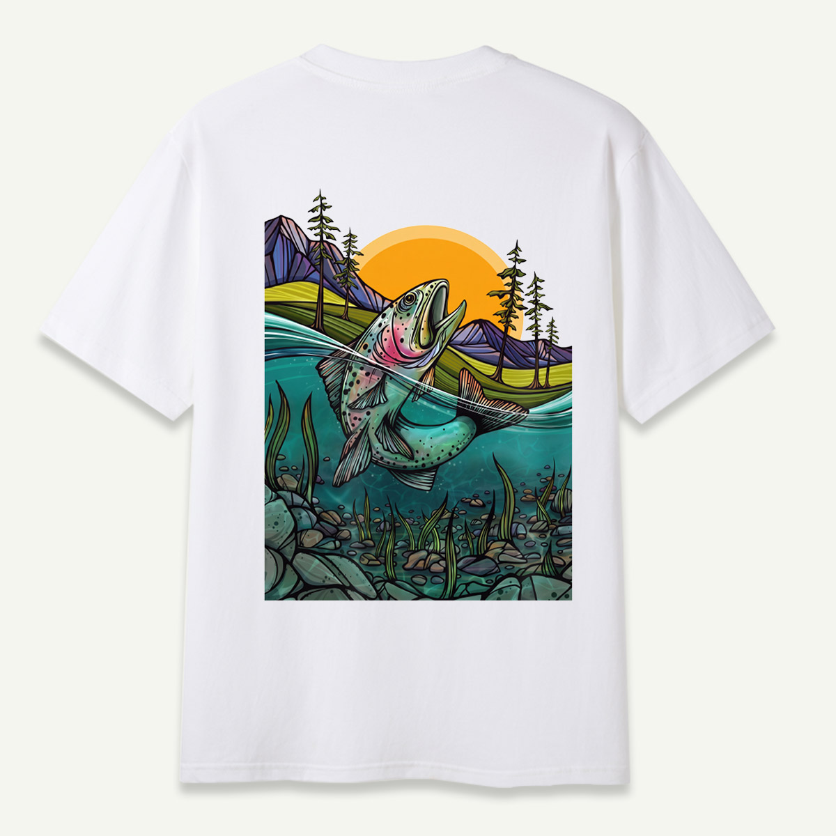Leaping Trout River Mountain Sunset Landscape T-Shirt