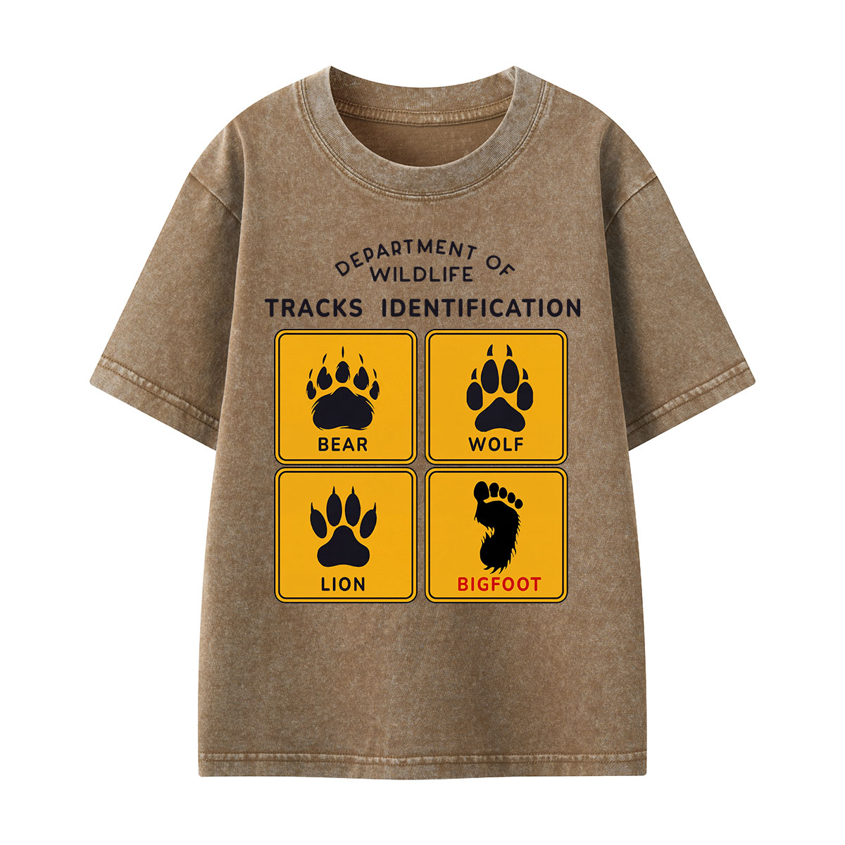 Department of Wildlife Tracks Identification Bear Wolf Lion Cryptids Kids Washed T-Shirt