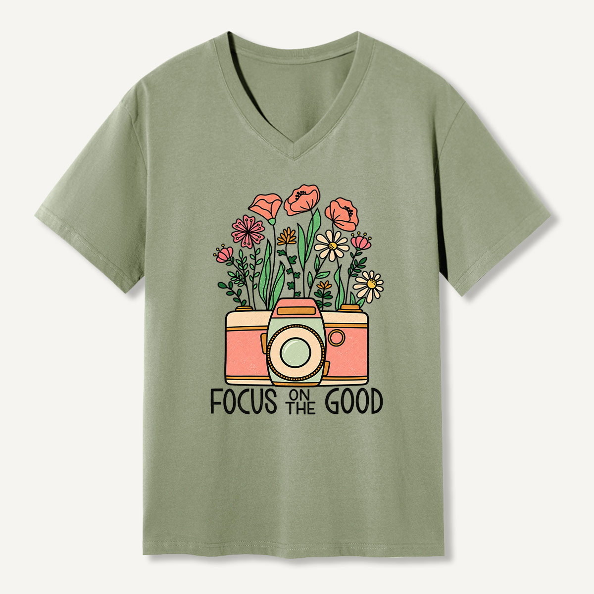 Focus On The Good Floral Camera Graphic V-neck T-Shirt