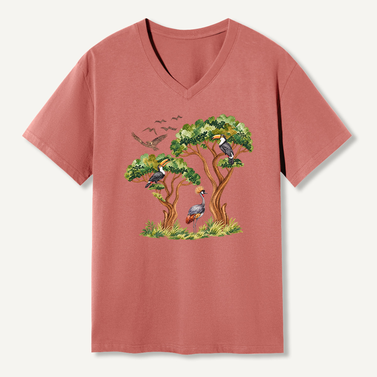 Tropical Toucan And Crowned Crane Forest V-neck T-Shirt