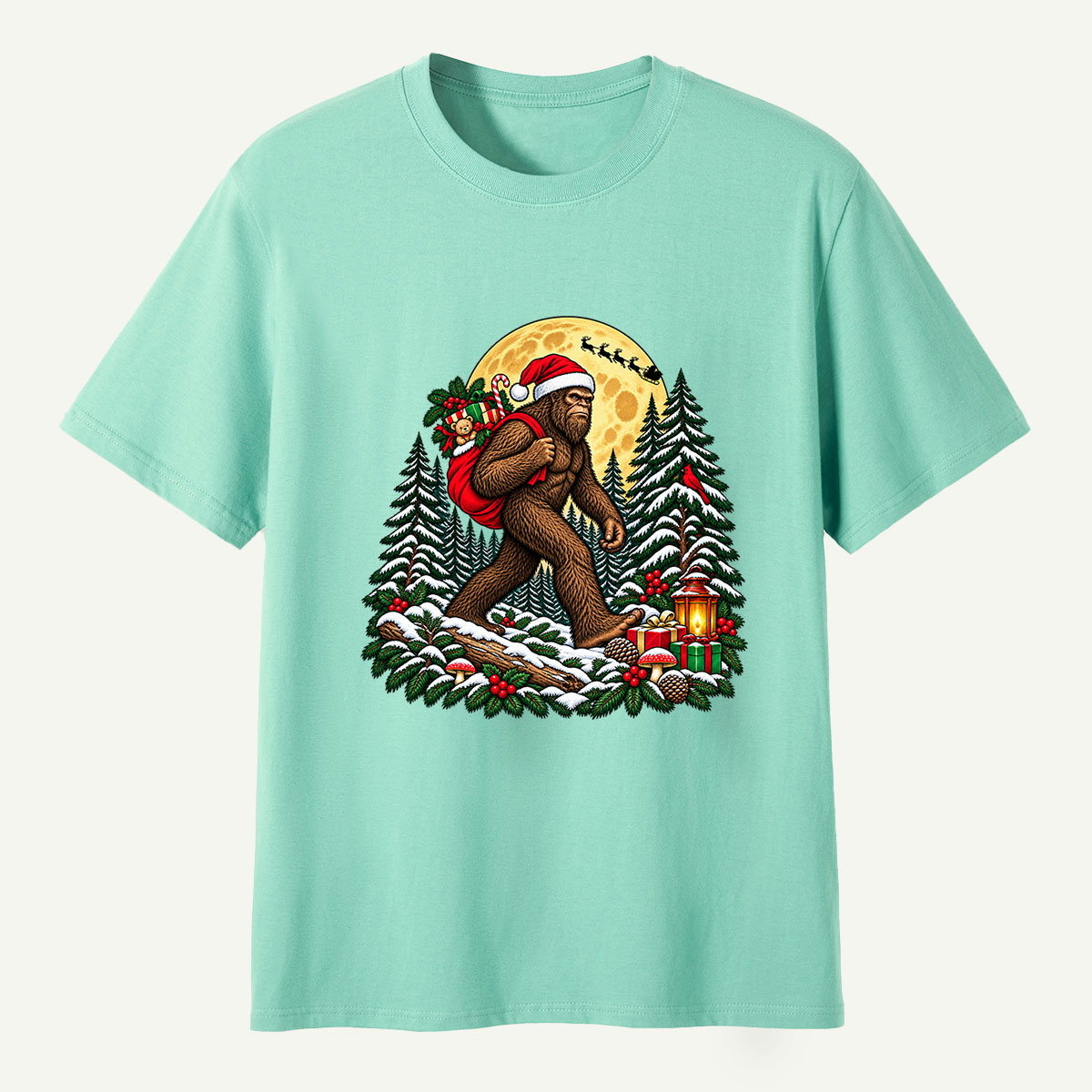 Christmas Bigfoot Santa Gift Delivery In Snowy Forest T-Shirt