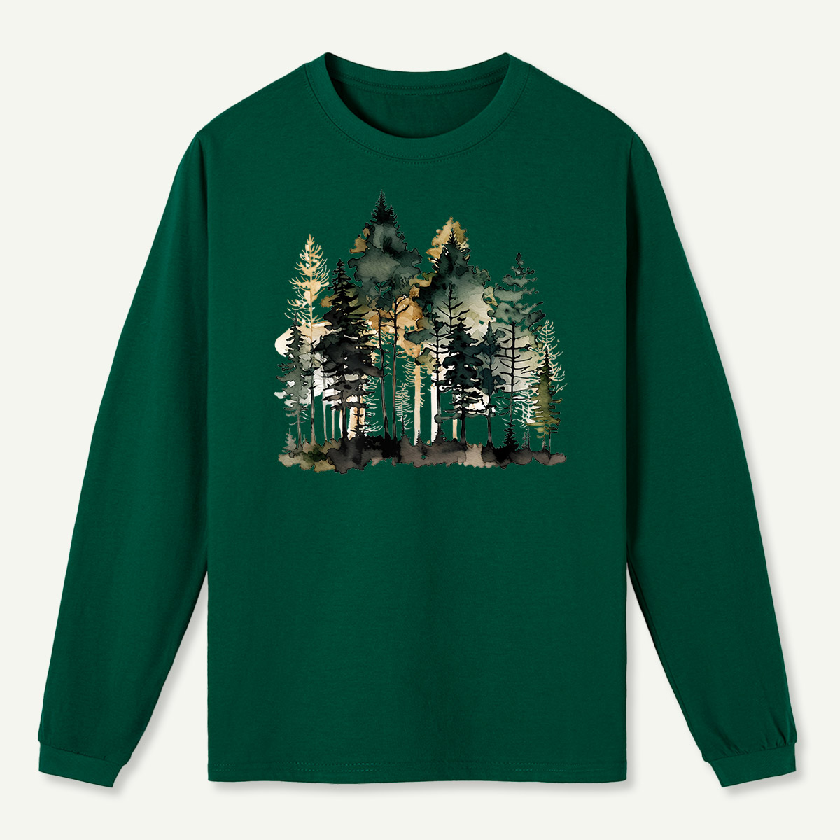 Watercolor Pine Forest Landscape Long Sleeve T-Shirt