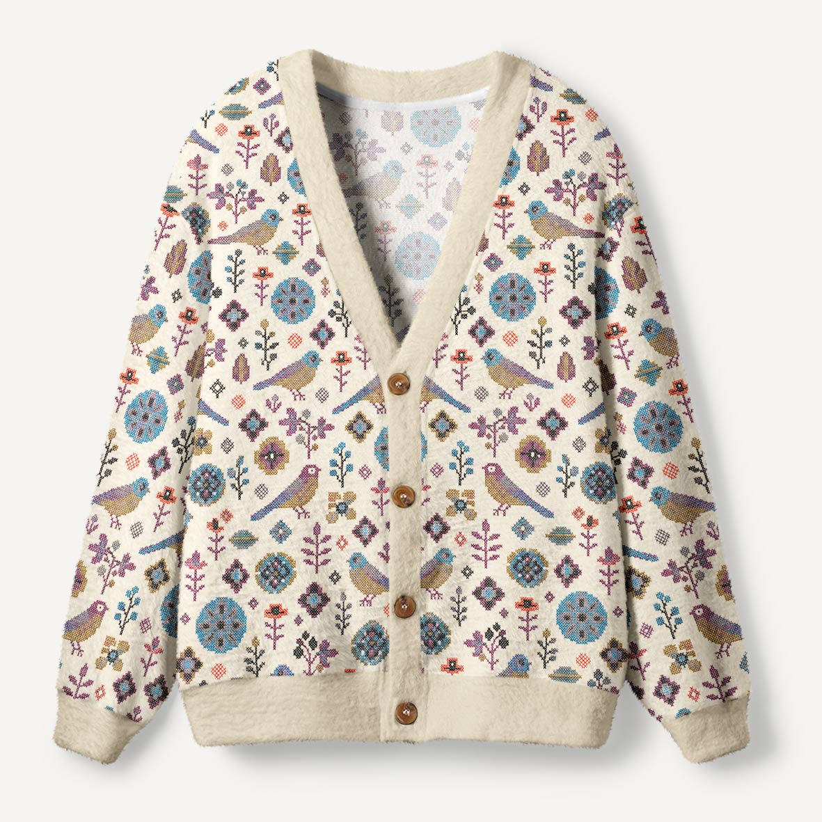 Blue And Golden Folk Birds With Symmetrical Floral Frames Ugly Cardigan Sweaters