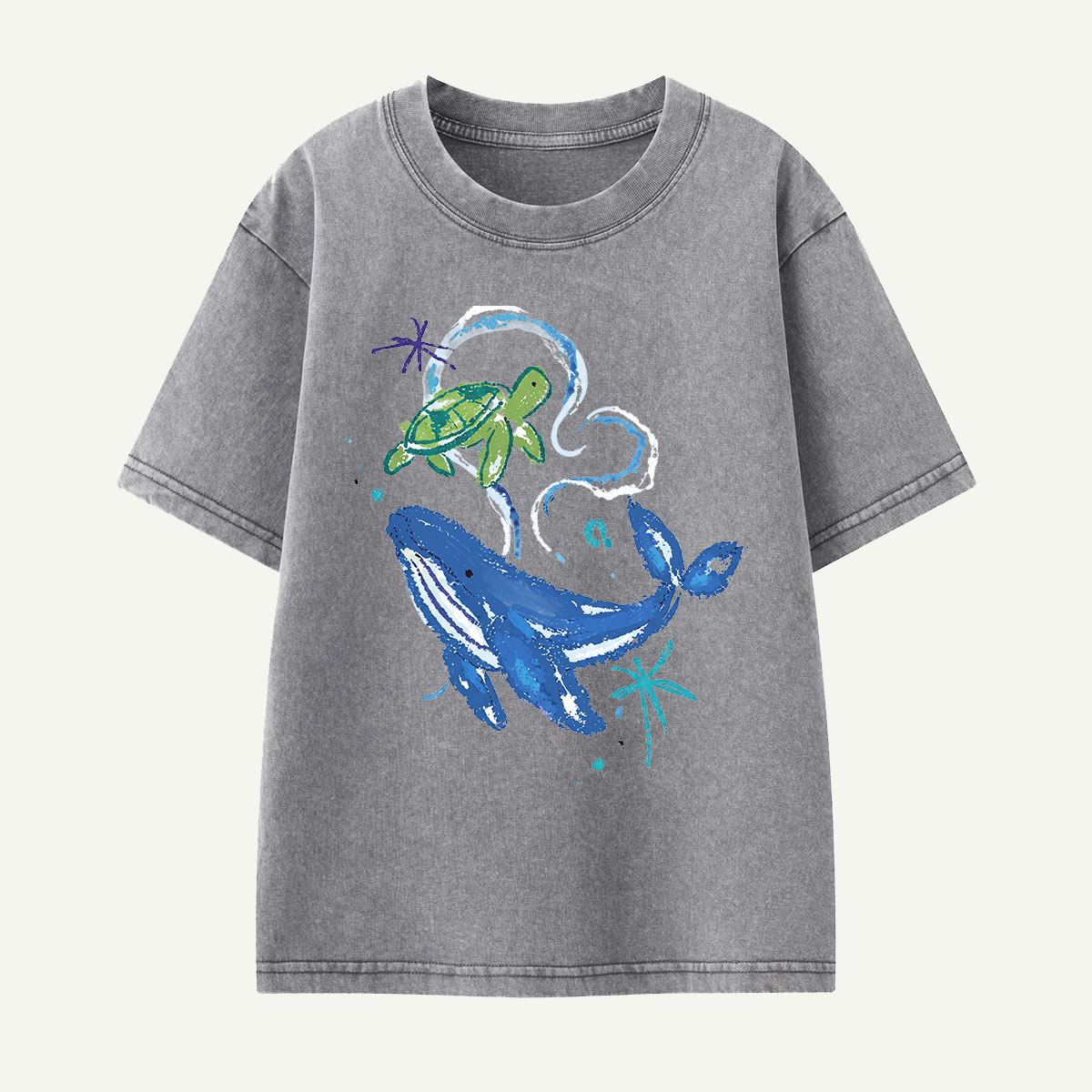 Whale and Turtle Ocean Friends Kids Washed T-Shirt