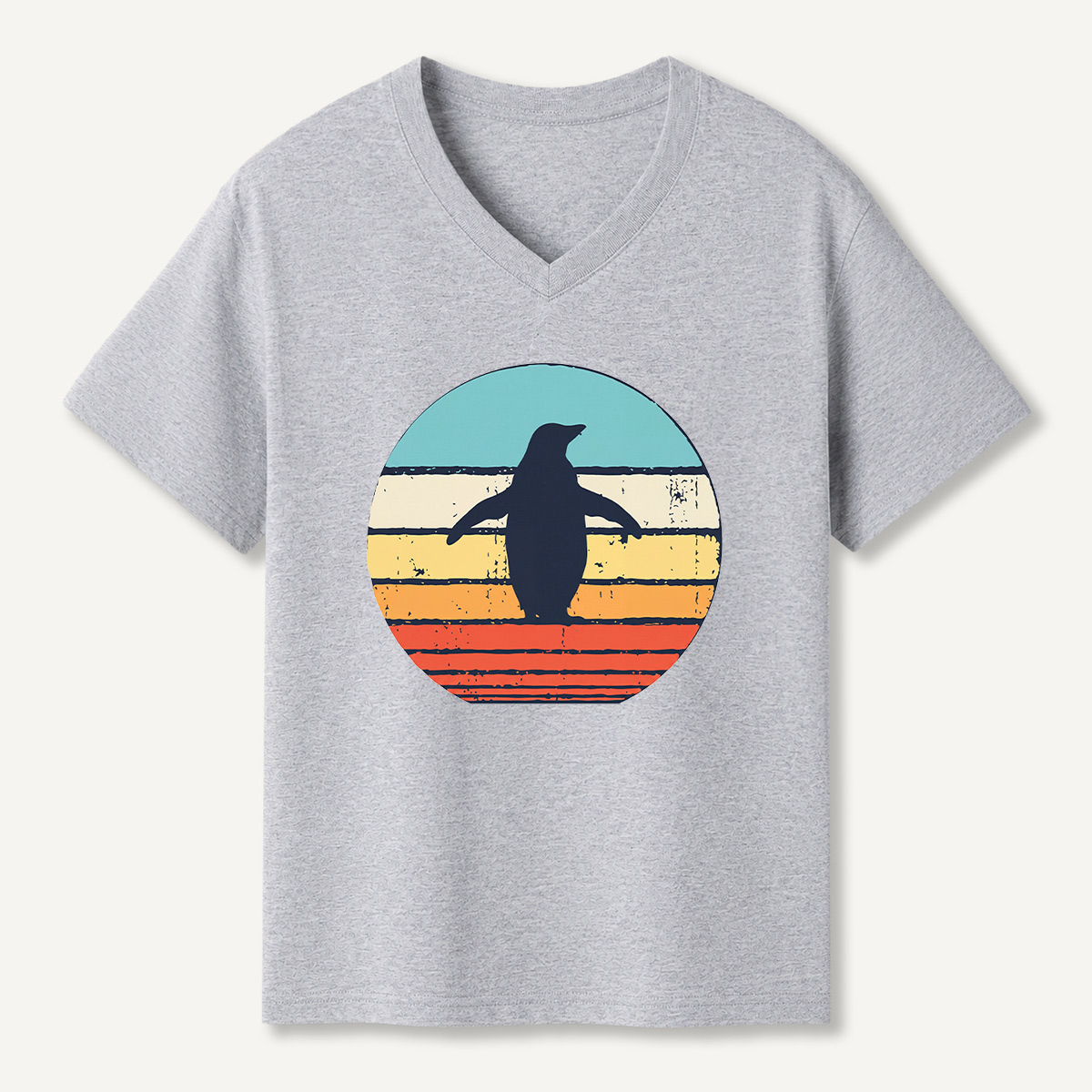 Lone Penguin Retro Sunset V-neck T-Shirt