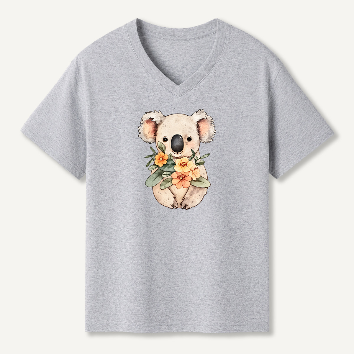 Floral Koala Watercolor Illustration V-neck T-Shirt