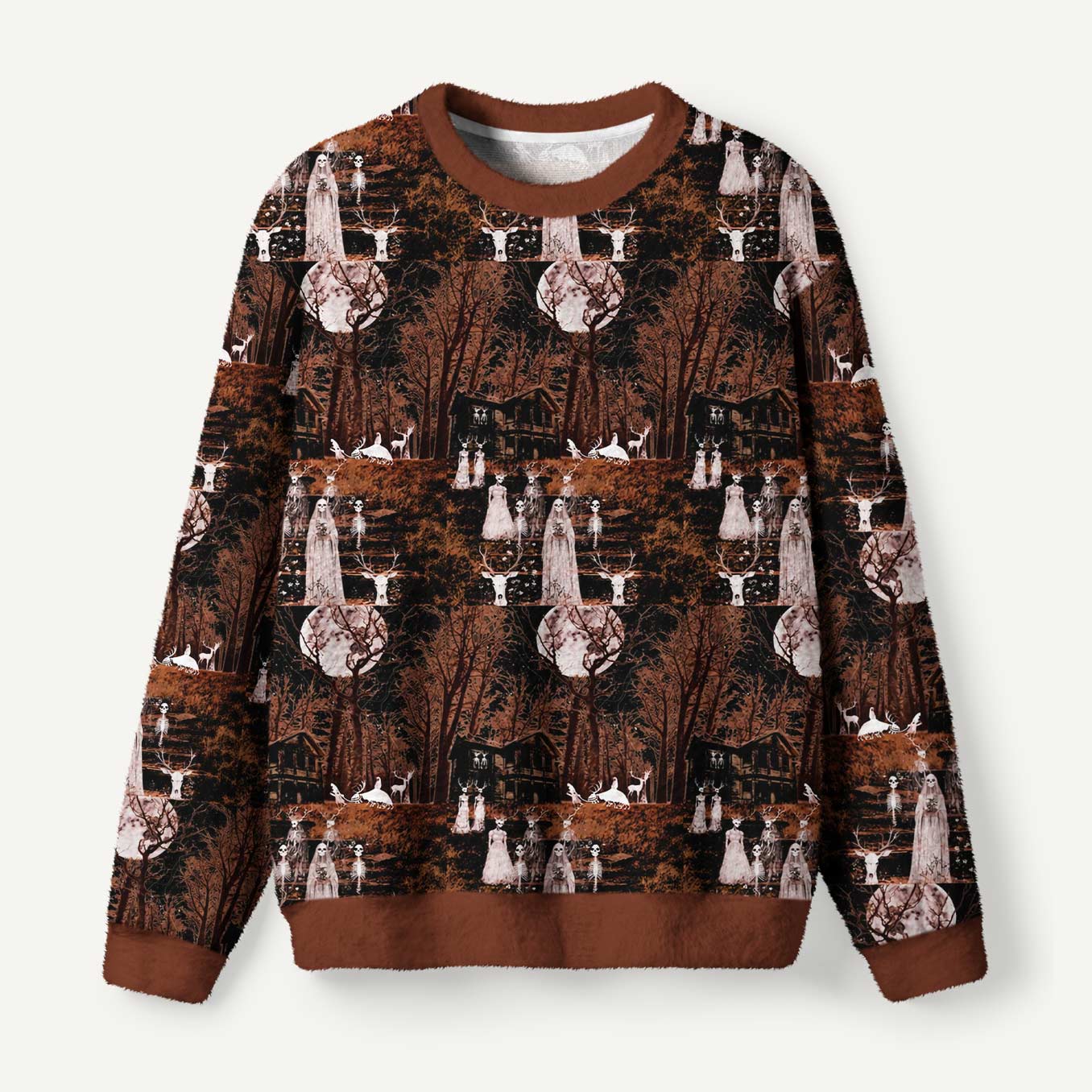Haunted Moonlit Manor With Ghostly Brides Skeletons And Deer Skulls Ugly Fuzzy Fleece Sweatshirt