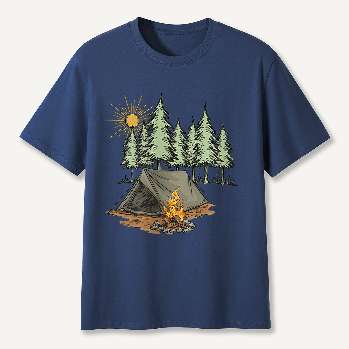 Sunny Forest Tent Campfire Illustration T-Shirt