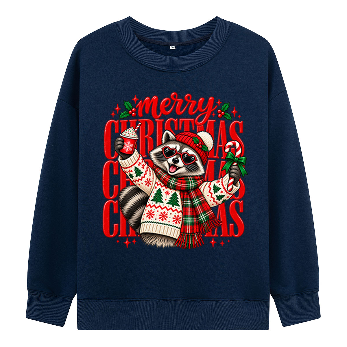 Merry Christmas Raccoon In Heart Sunglasses And Cozy Sweater Sweatshirts