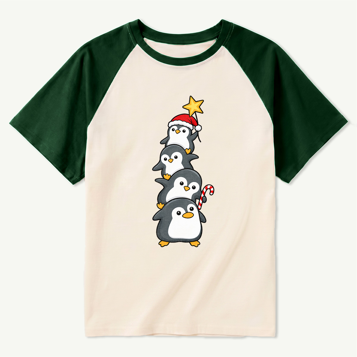 Four Cute Penguins Stacked As A Christmas Tree Raglan T-Shirt