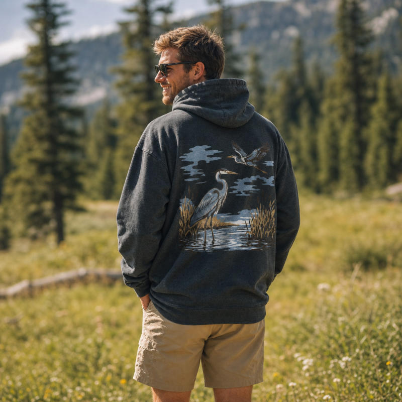 Vintage Heron Wetland Bird Nature Washed Hoodie