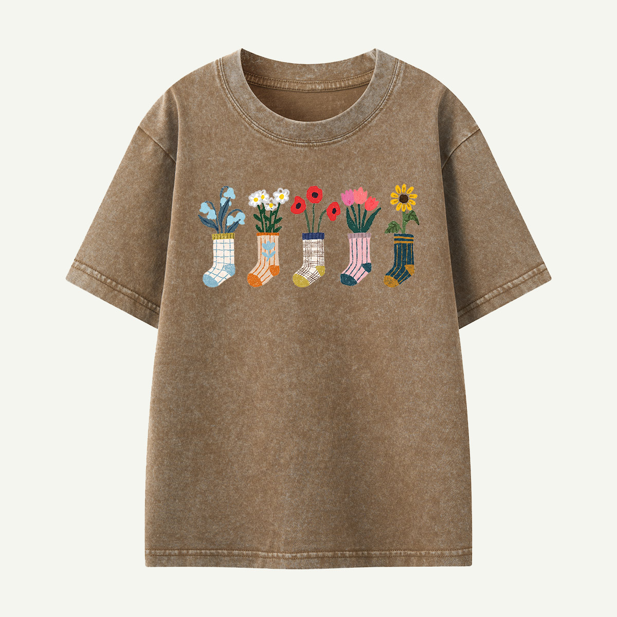 Sock Flower Garden Mint Kids Washed T-Shirt