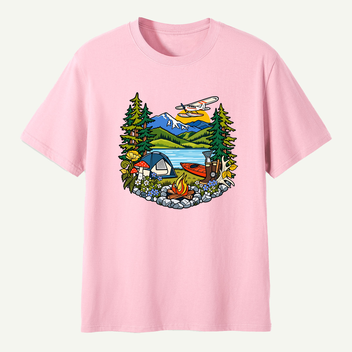 Lake Camping Kayak Seaplane Wilderness Scene T-Shirt