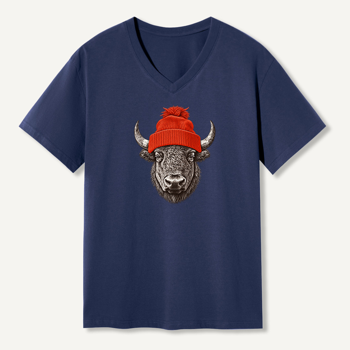 Winter Beanie Bison Portrait V-neck T-Shirt
