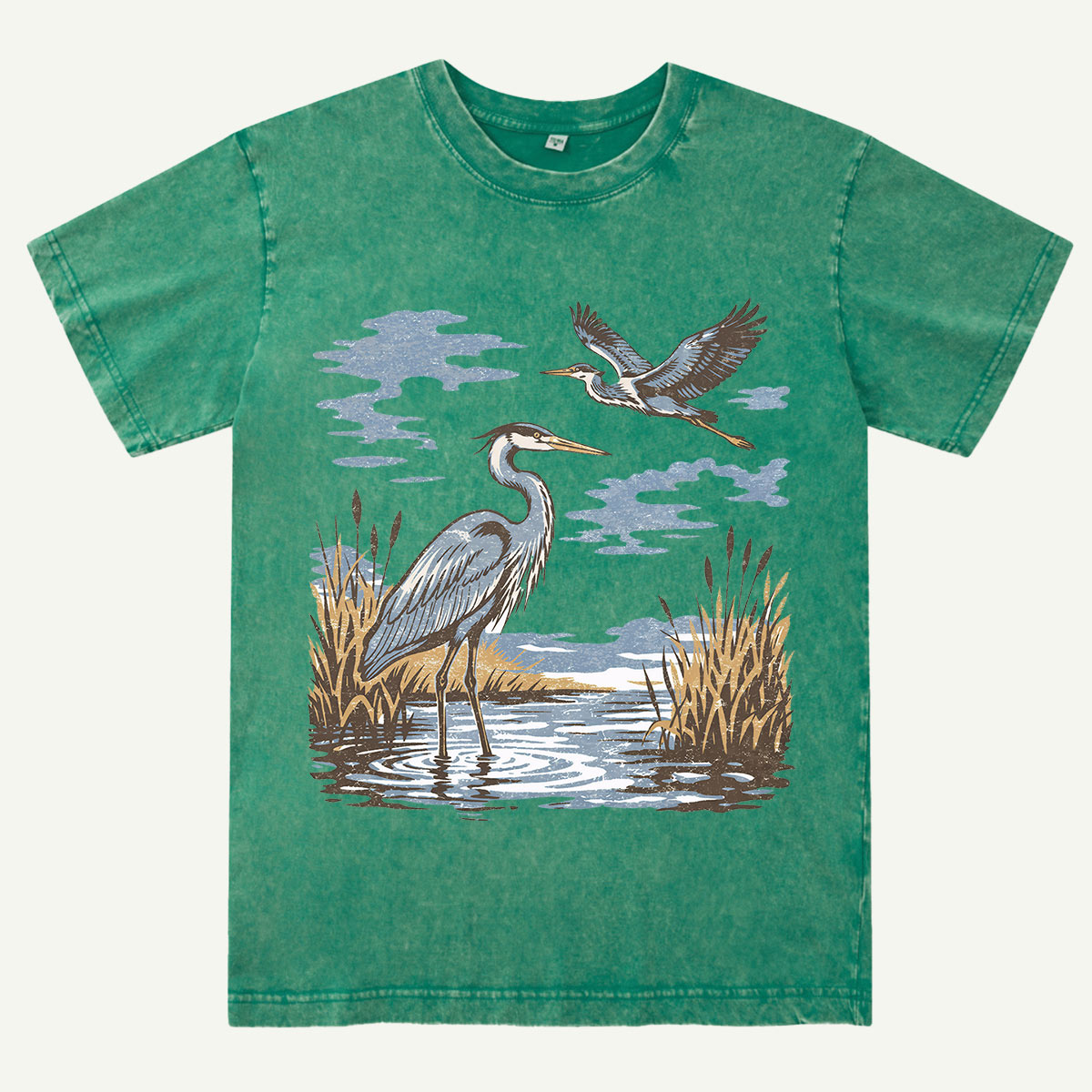 Vintage Heron Wetland Bird Nature Washed T-Shirt