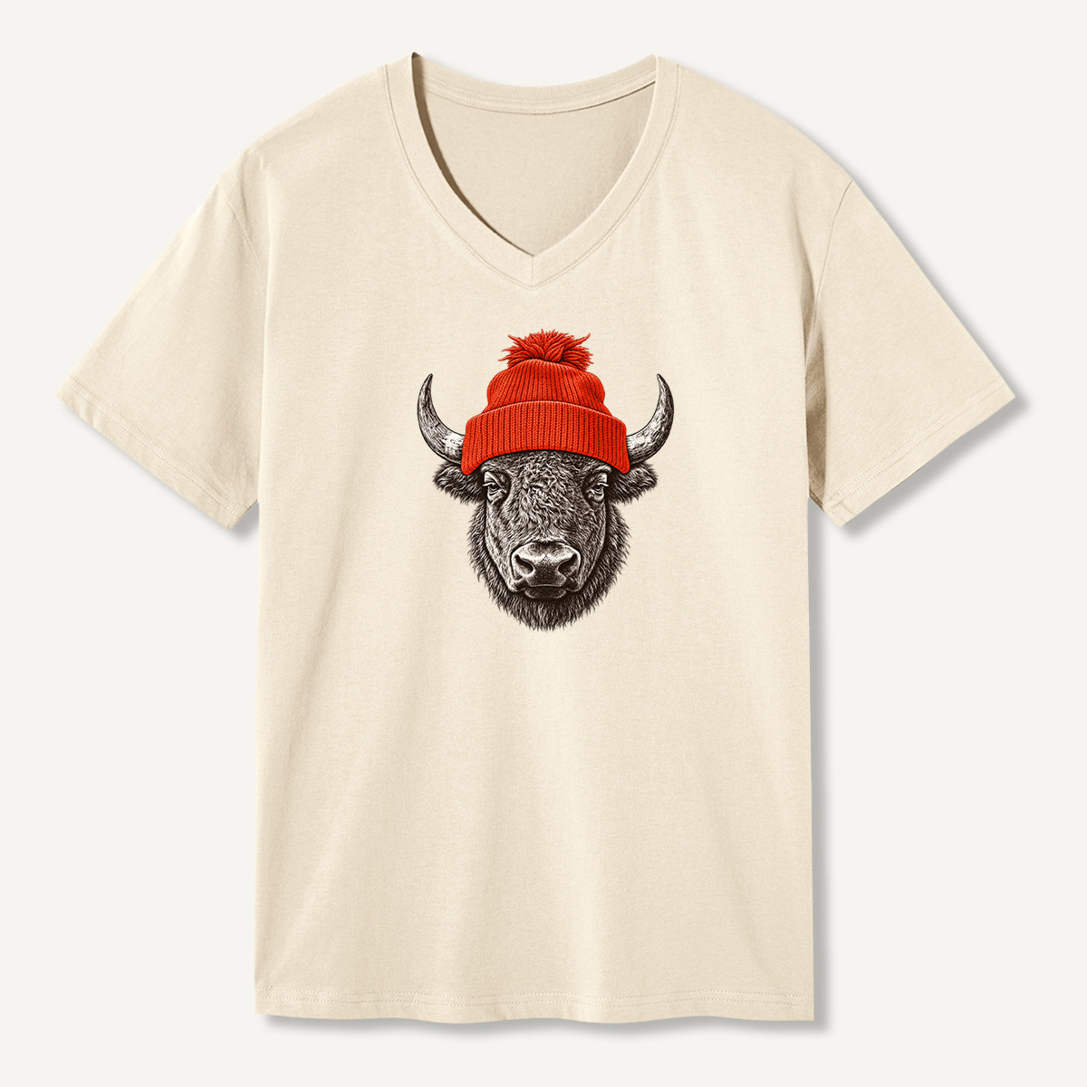 Winter Beanie Bison Portrait V-neck T-Shirt