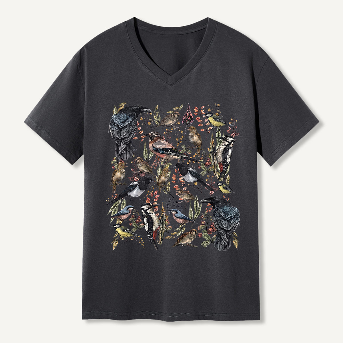 Vintage Wild Birds Botanical V-neck T-Shirt