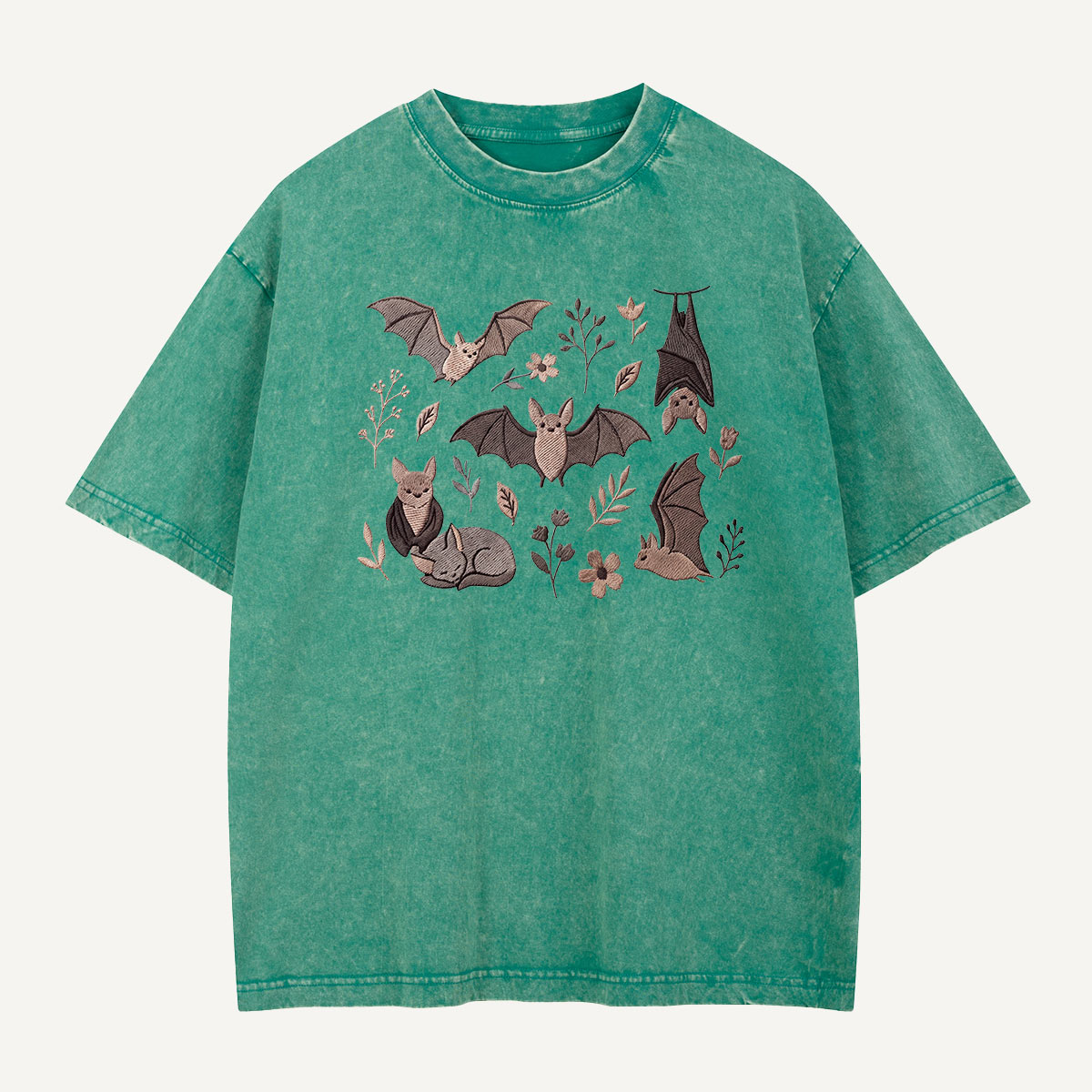 Bat Blooms & Midnight Wings Embroidered Washed T-Shirt
