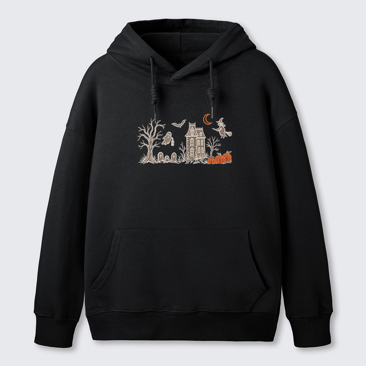Haunted House Line Art Embroidered Cotton Hoodie