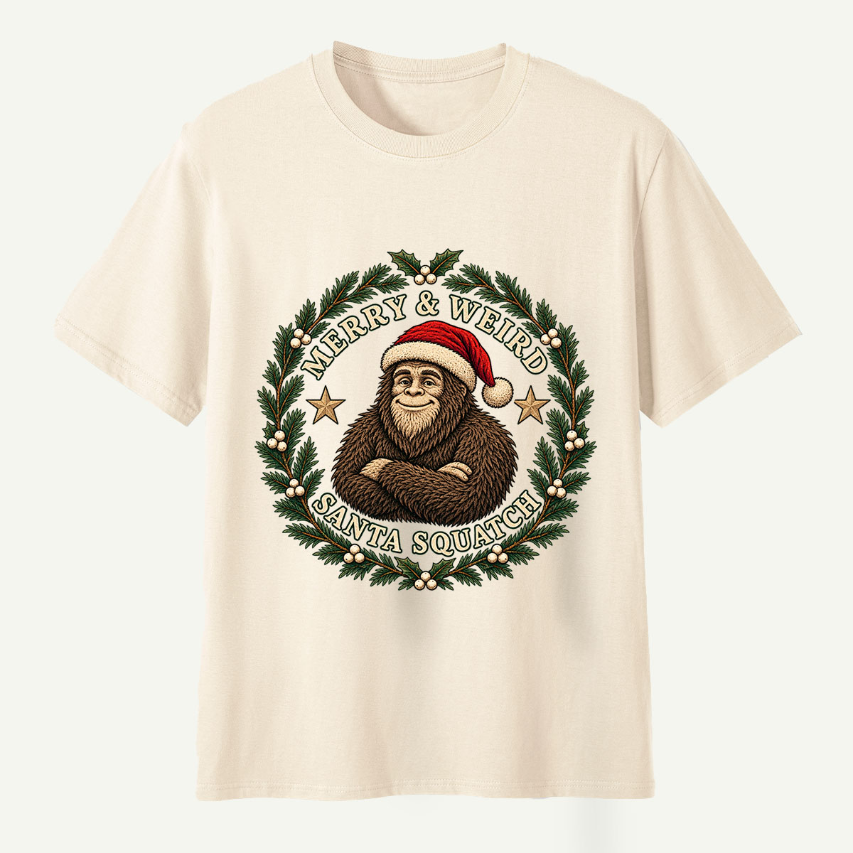 Merry And Weird Santa Squatch Christmas Wreath T-Shirt