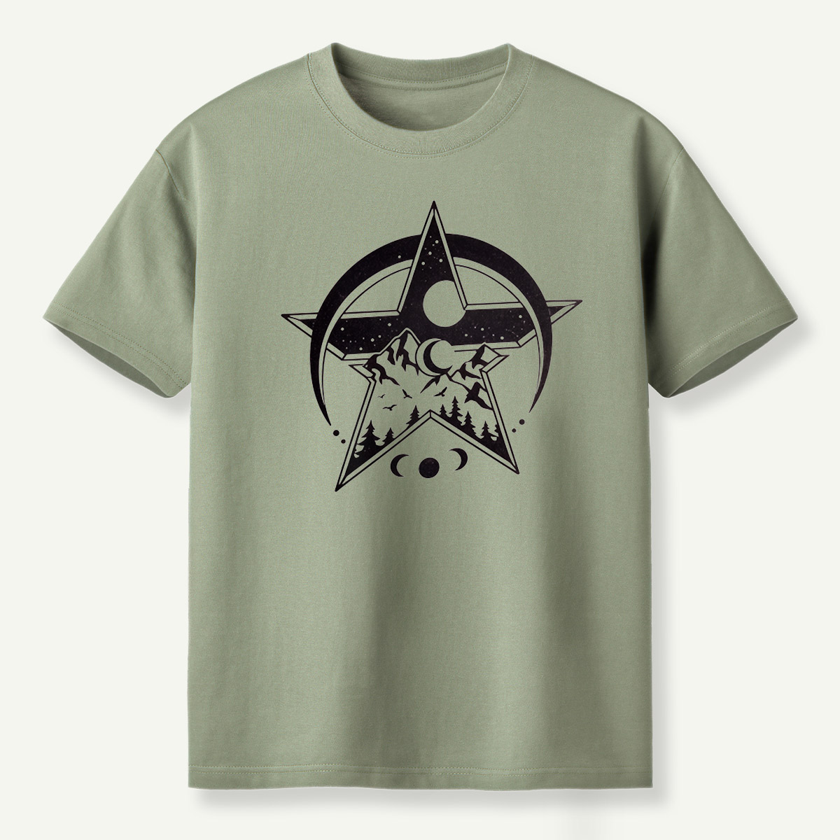 Geometric Star Mountain Moon Phase Celestial Emblem T-Shirt