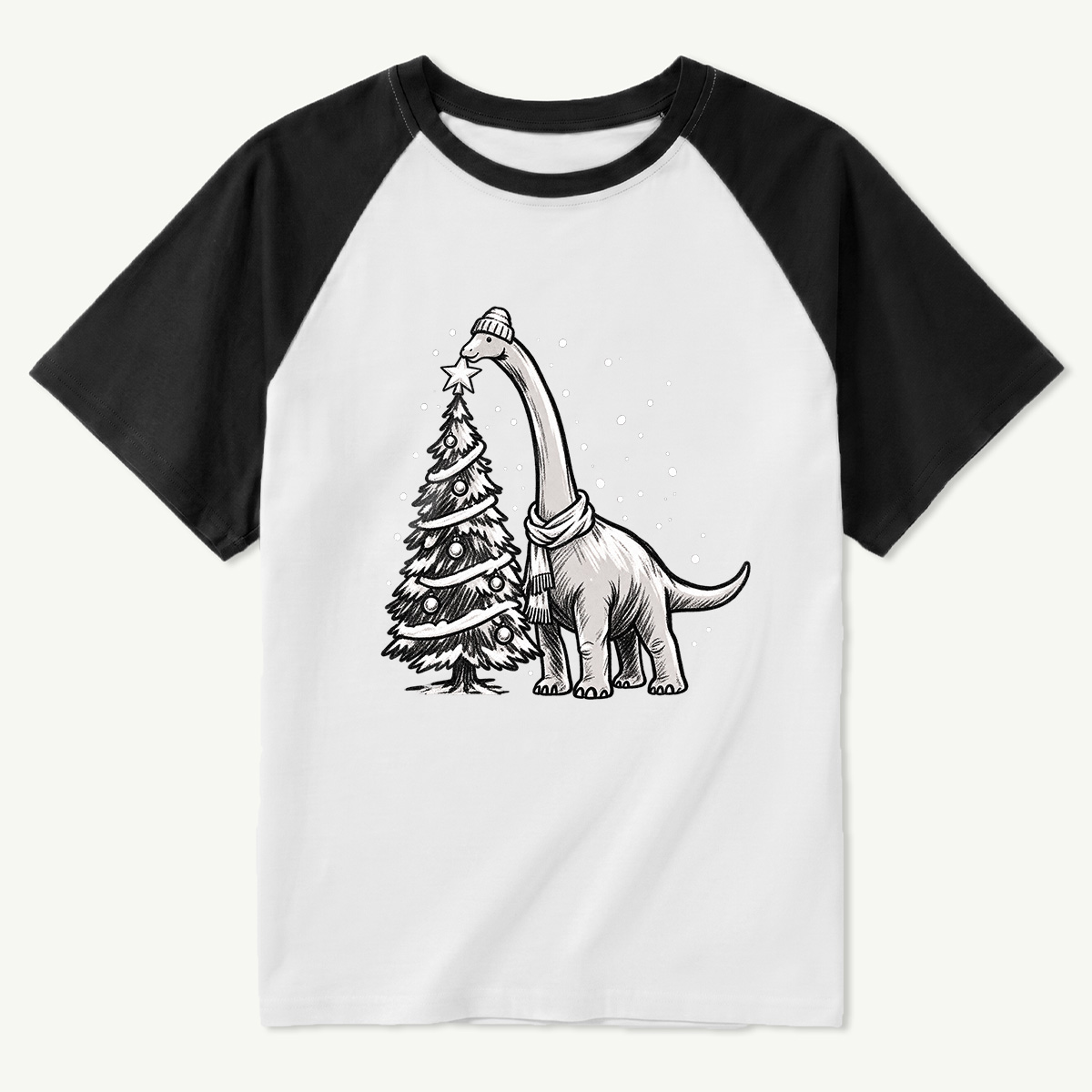Cozy Long Neck Dinosaur Decorating Christmas Tree Raglan T-Shirt