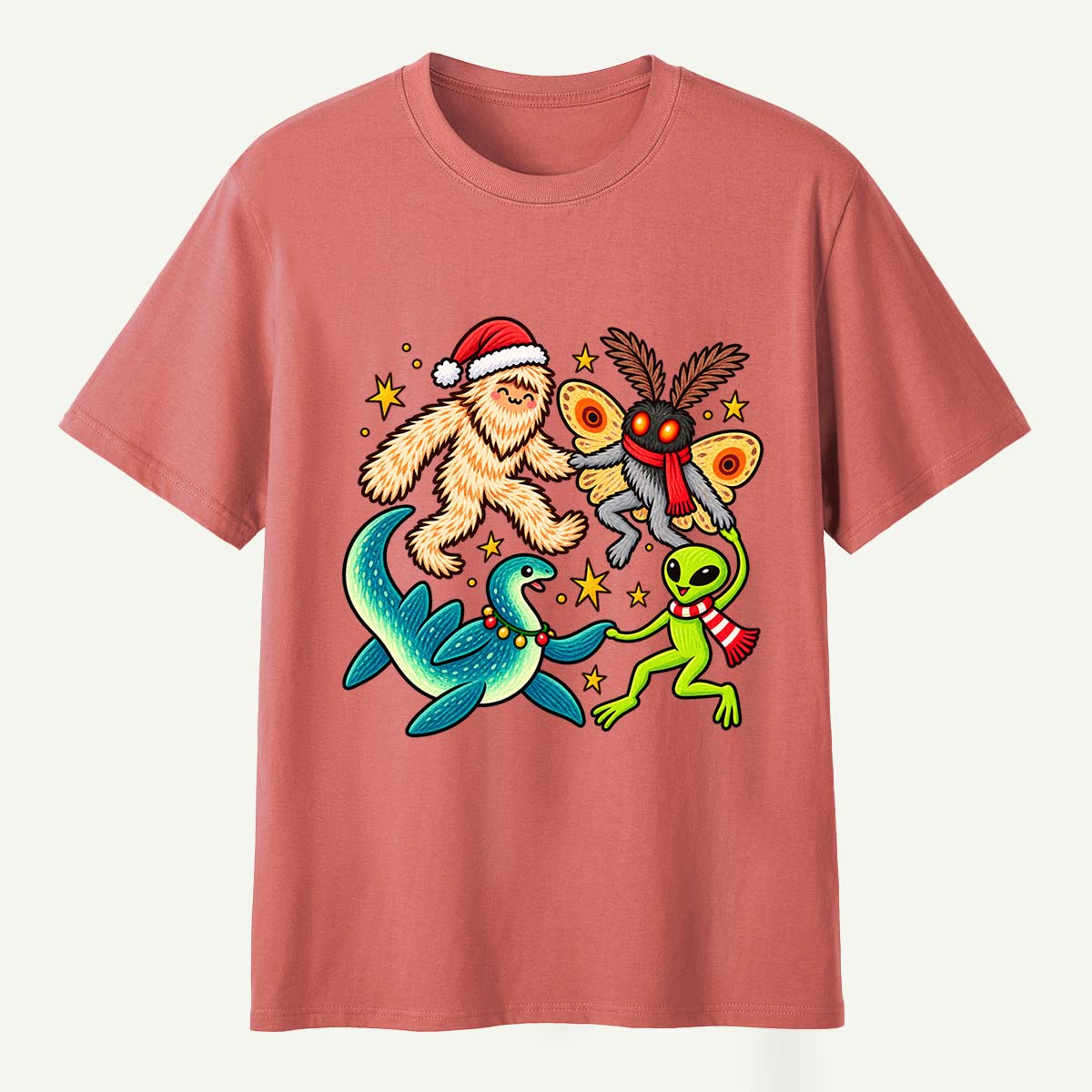 Christmas Cryptid Party Bigfoot Mothman Nessie And Alien T-Shirt