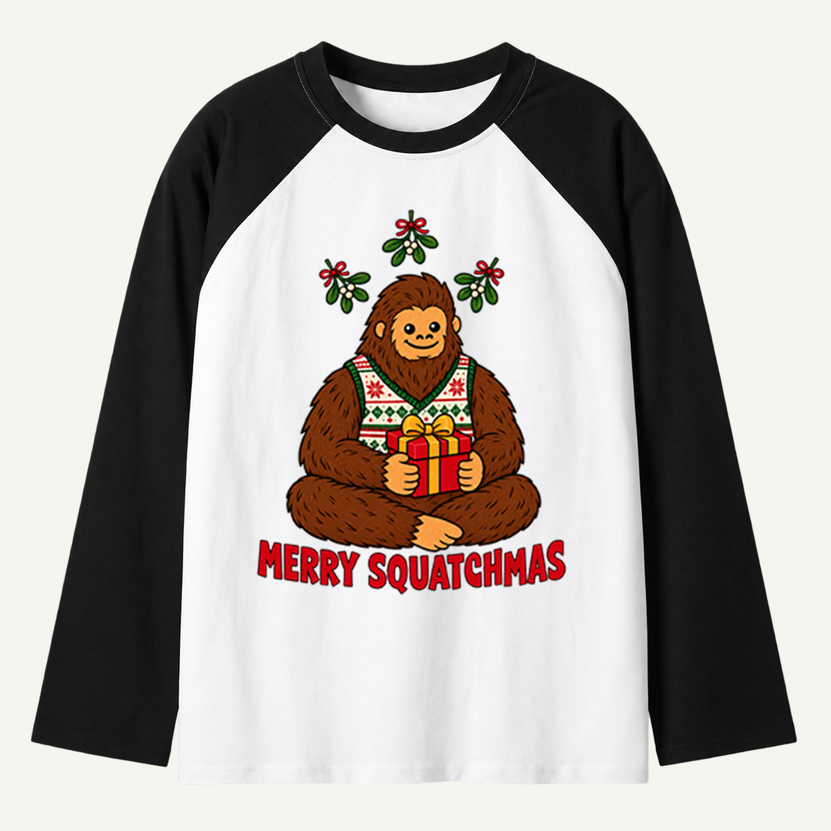 Merry Squatchmas Cute Bigfoot With Christmas Gift Raglan Long Sleeves
