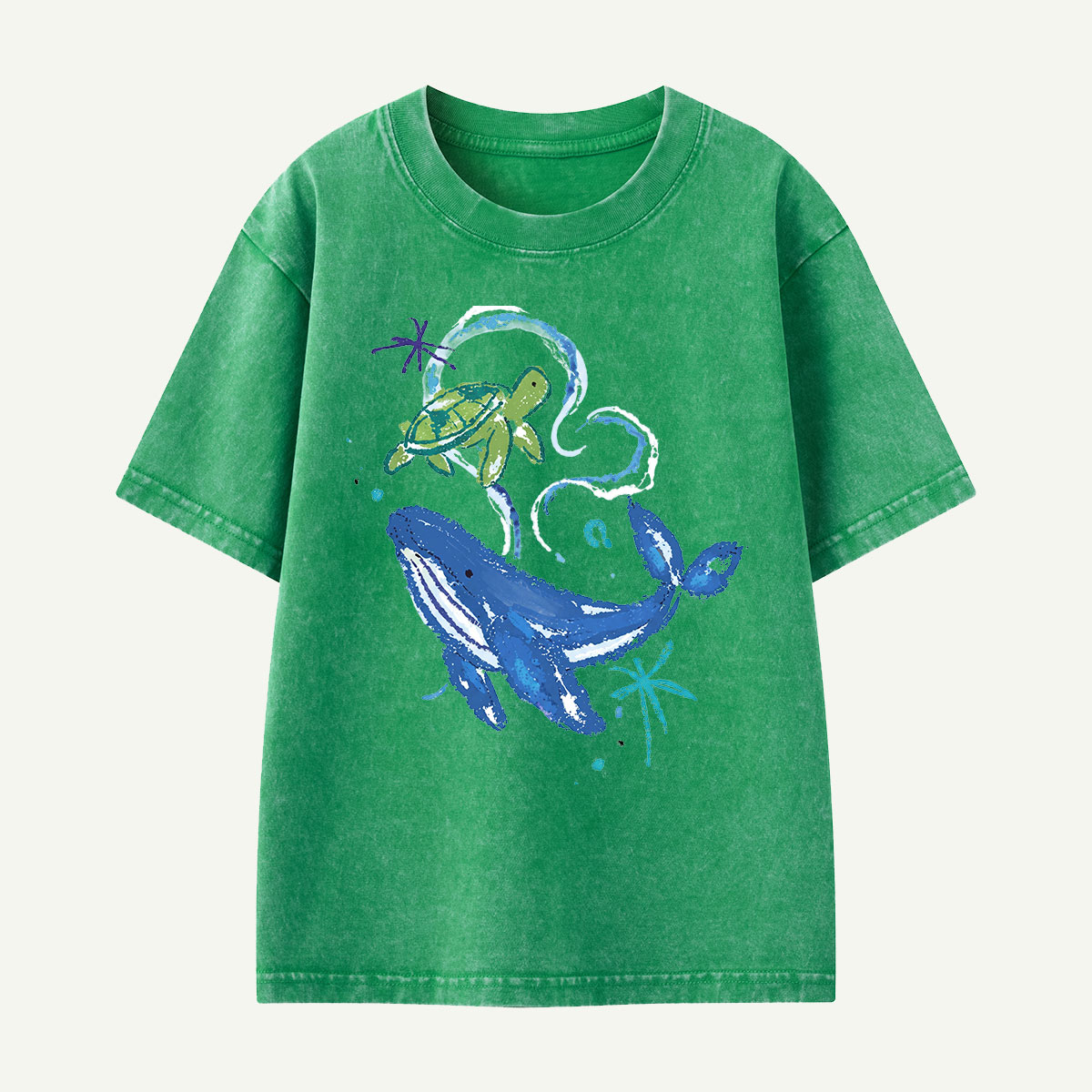 Whale and Turtle Ocean Friends Kids Washed T-Shirt