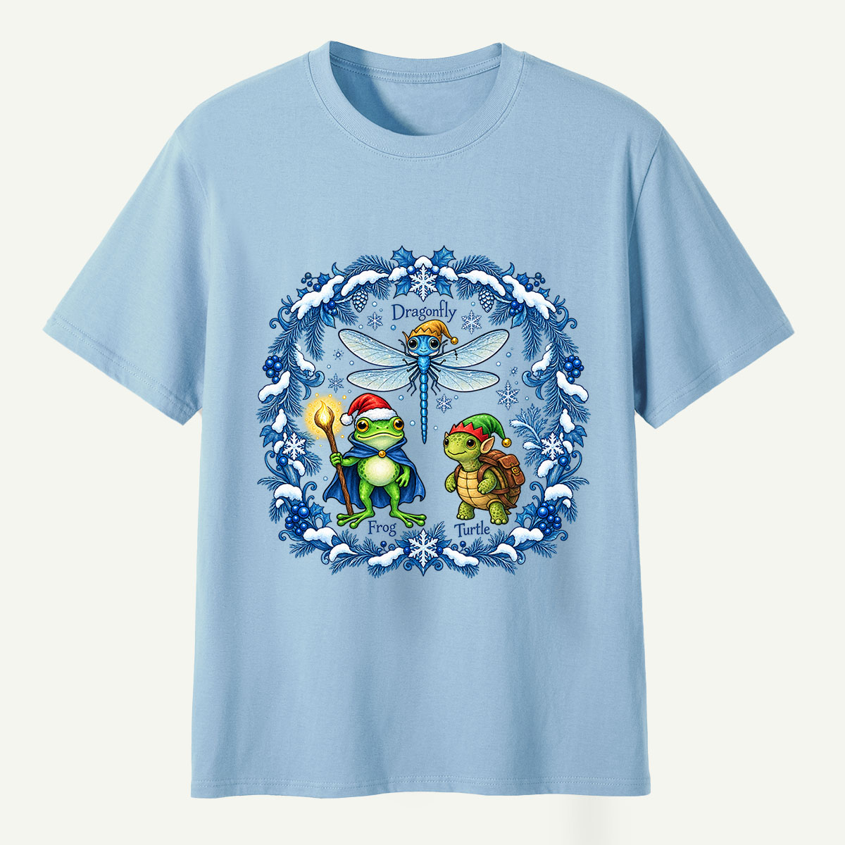 Fantasy Winter Forest Dragonfly Frog And Turtle Companions T-Shirt