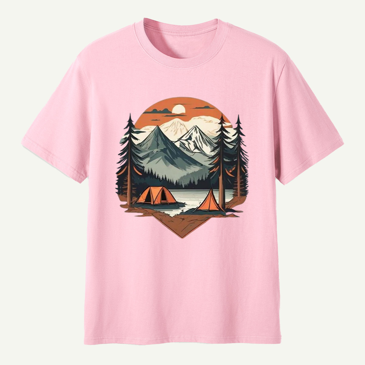 Sunset Mountain Lake Pine Forest Camping T-Shirt