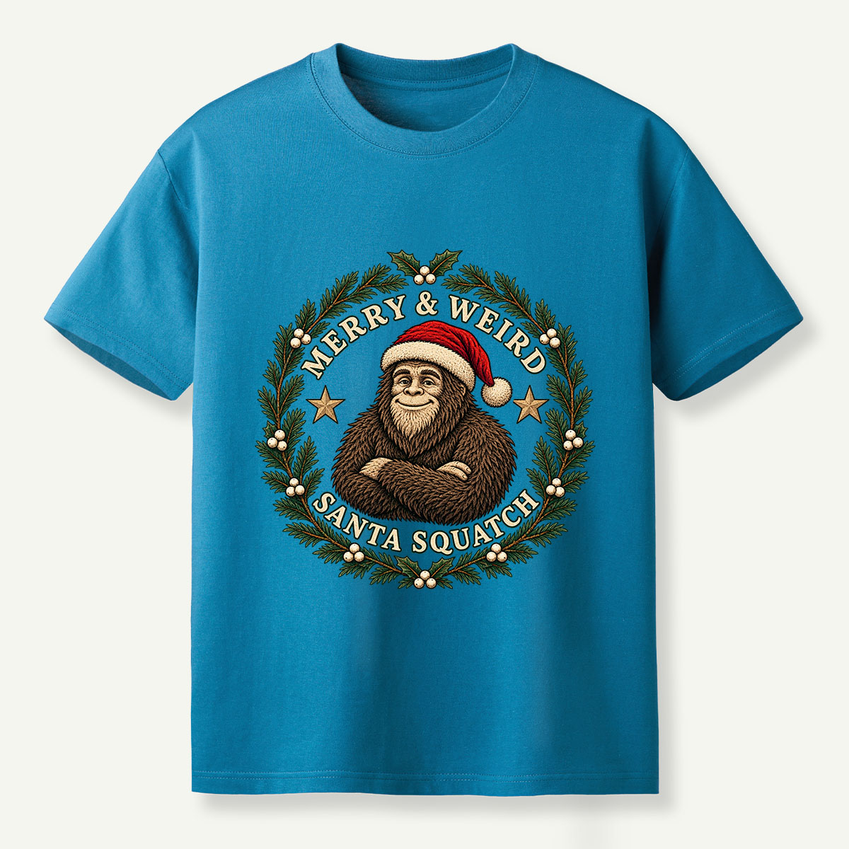 Merry And Weird Santa Squatch Christmas Wreath T-Shirt