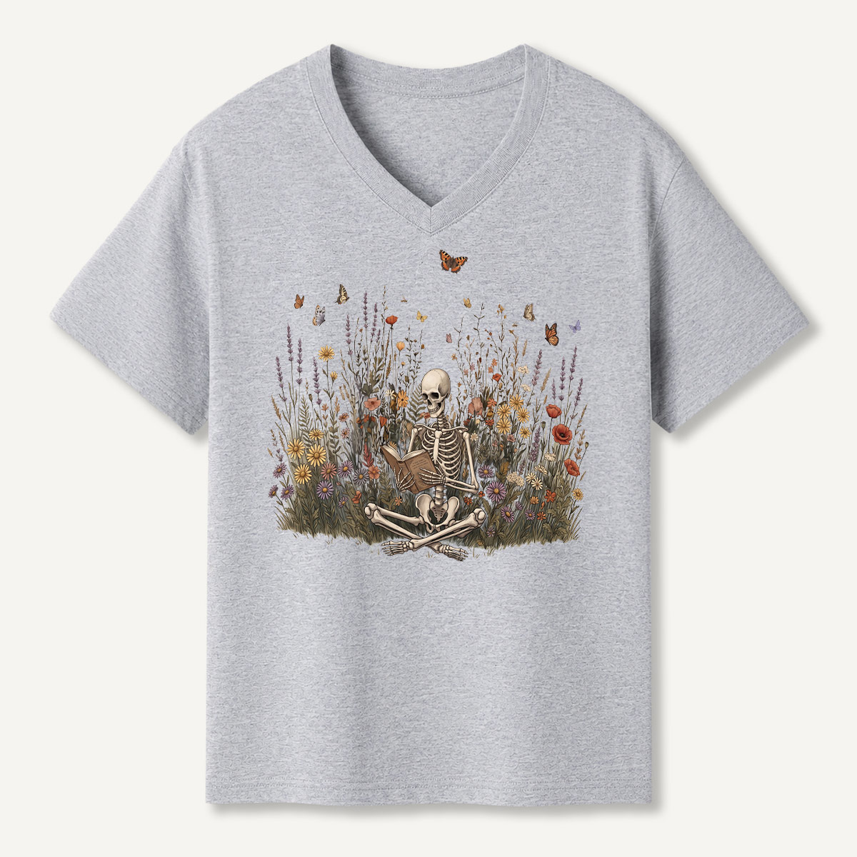 Skeleton Meditation Wildflower Garden V-neck T-Shirt