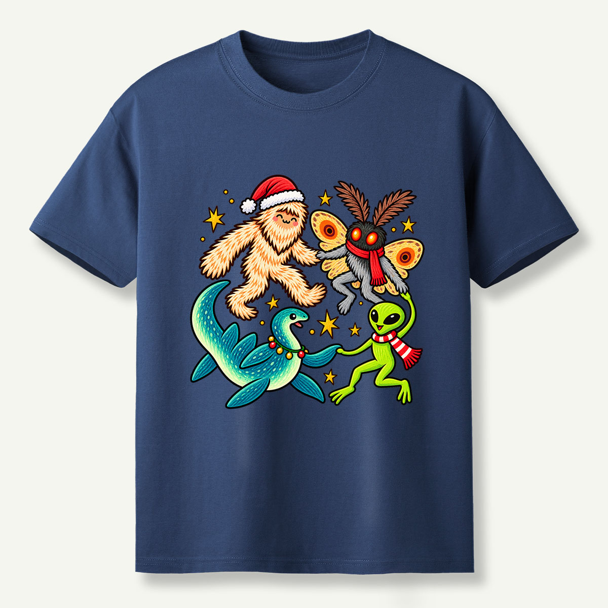Christmas Cryptid Party Bigfoot Mothman Nessie And Alien T-Shirt
