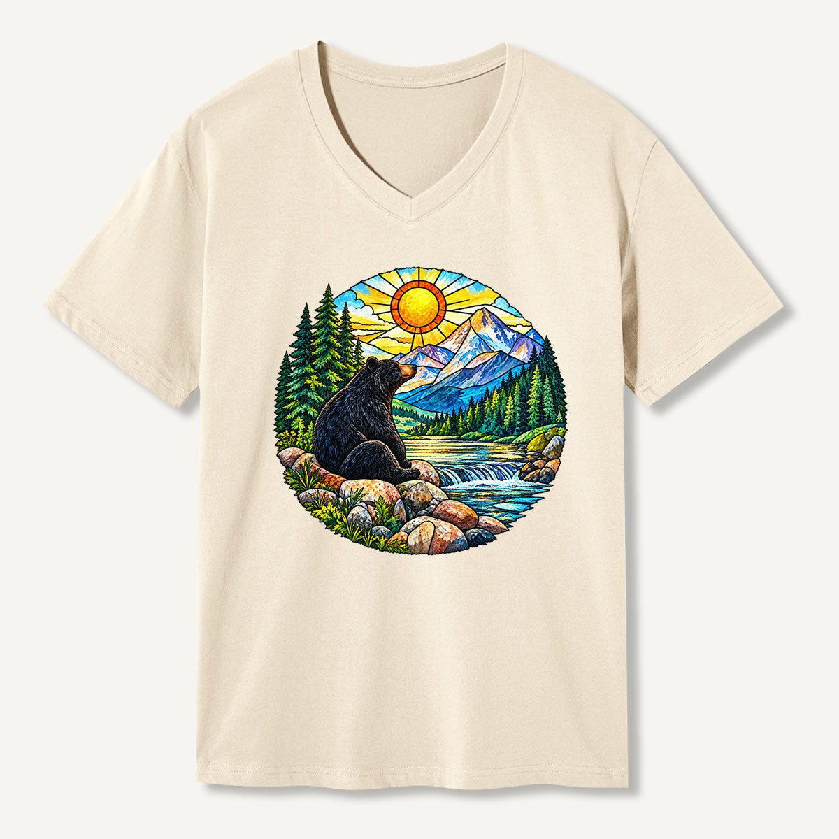 Black Bear Mountain River Sunrise Wilderness Art V-neck T-Shirt
