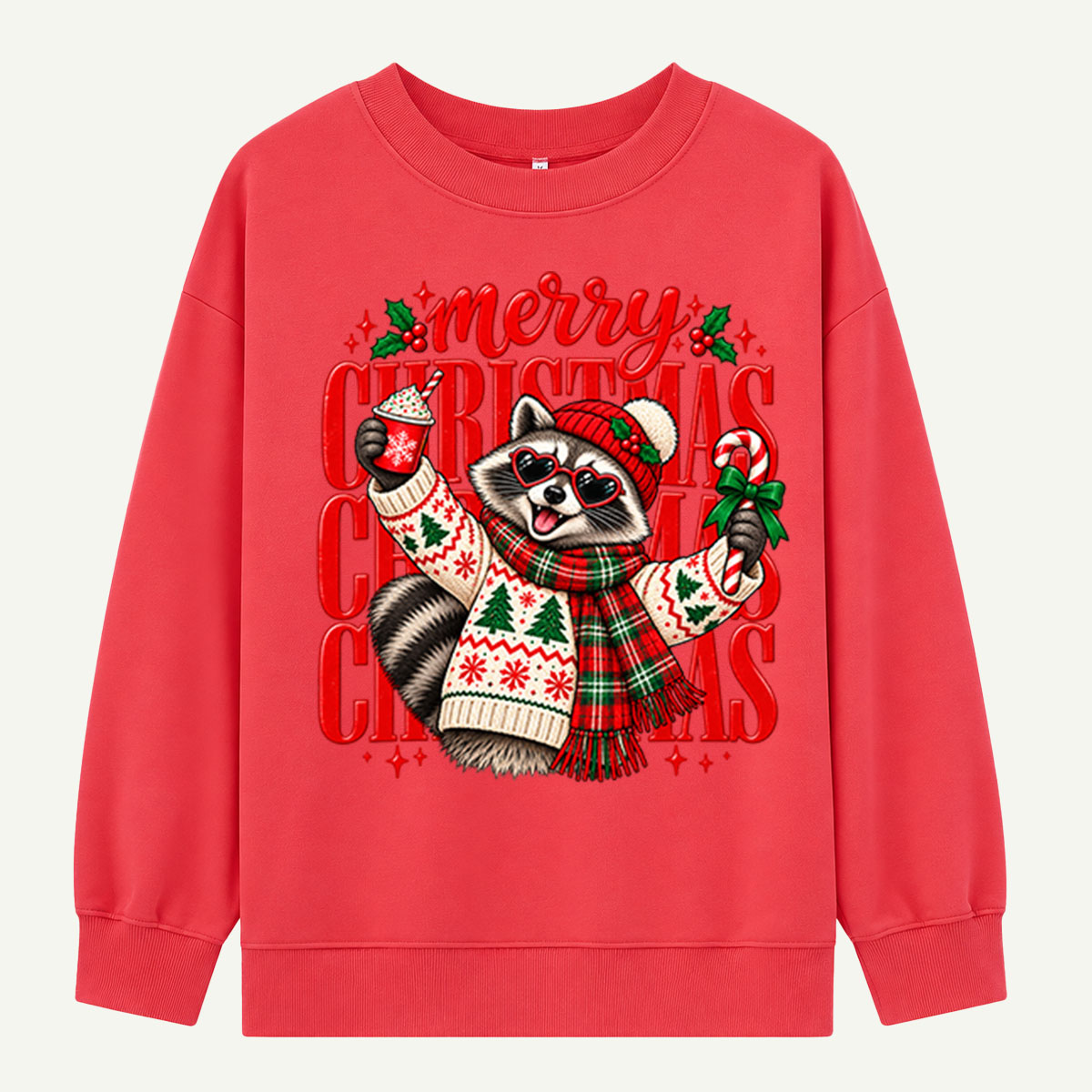 Merry Christmas Raccoon In Heart Sunglasses And Cozy Sweater Sweatshirts