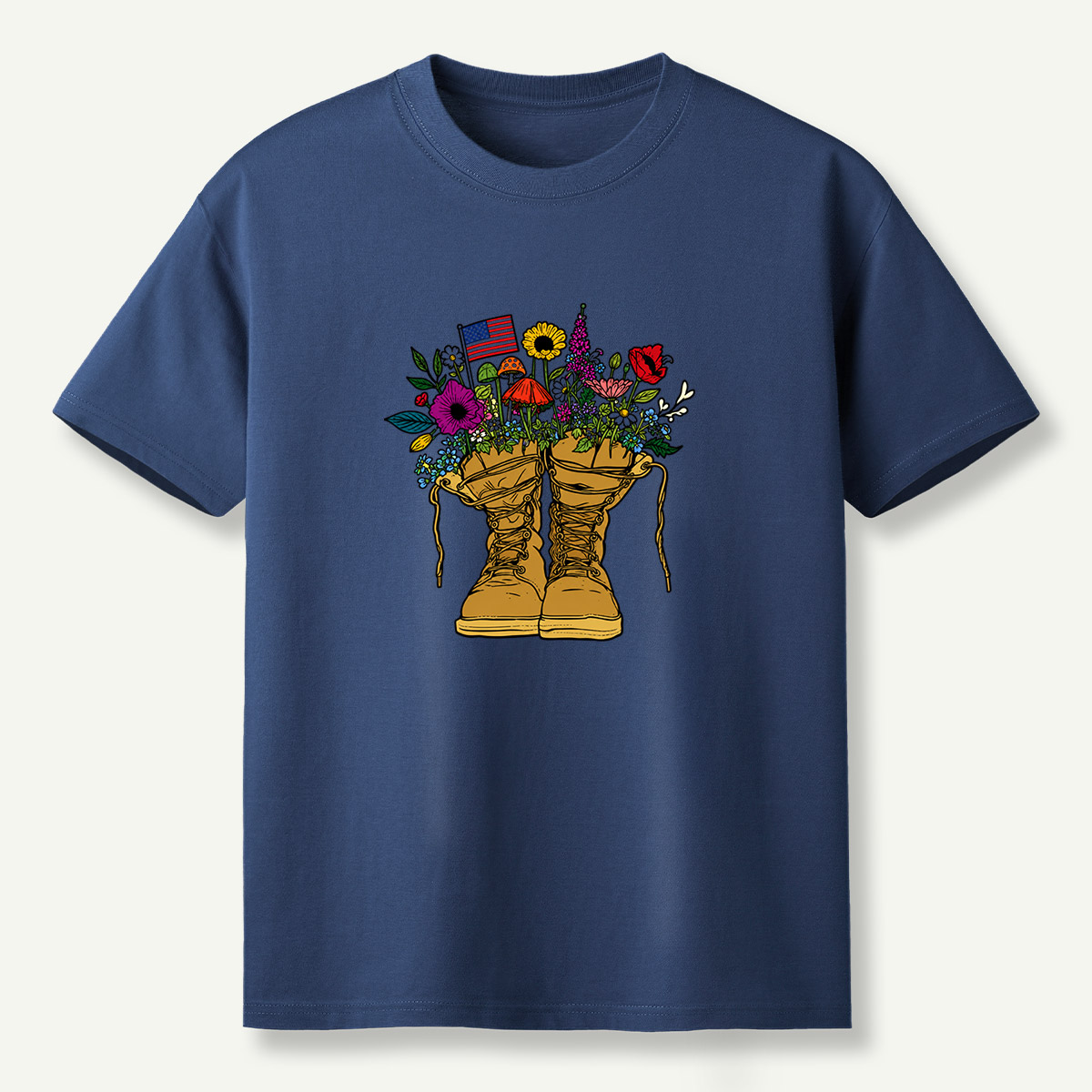 American Flag Combat Boots Wildflower Mushroom Garden T-Shirt