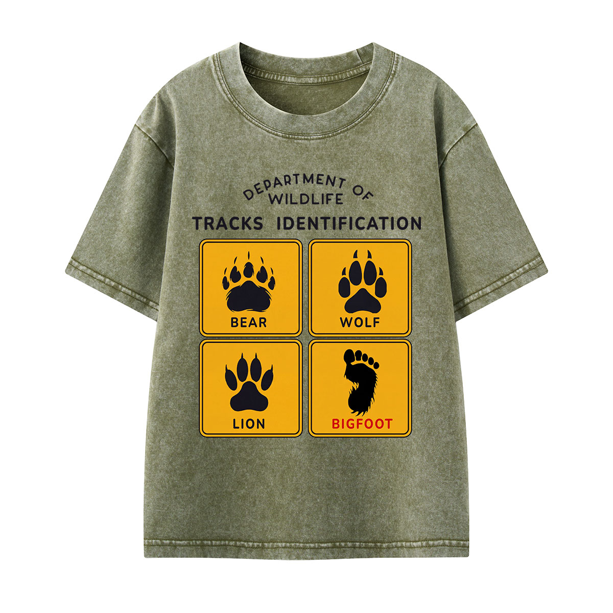 Department of Wildlife Tracks Identification Bear Wolf Lion Cryptids Kids Washed T-Shirt