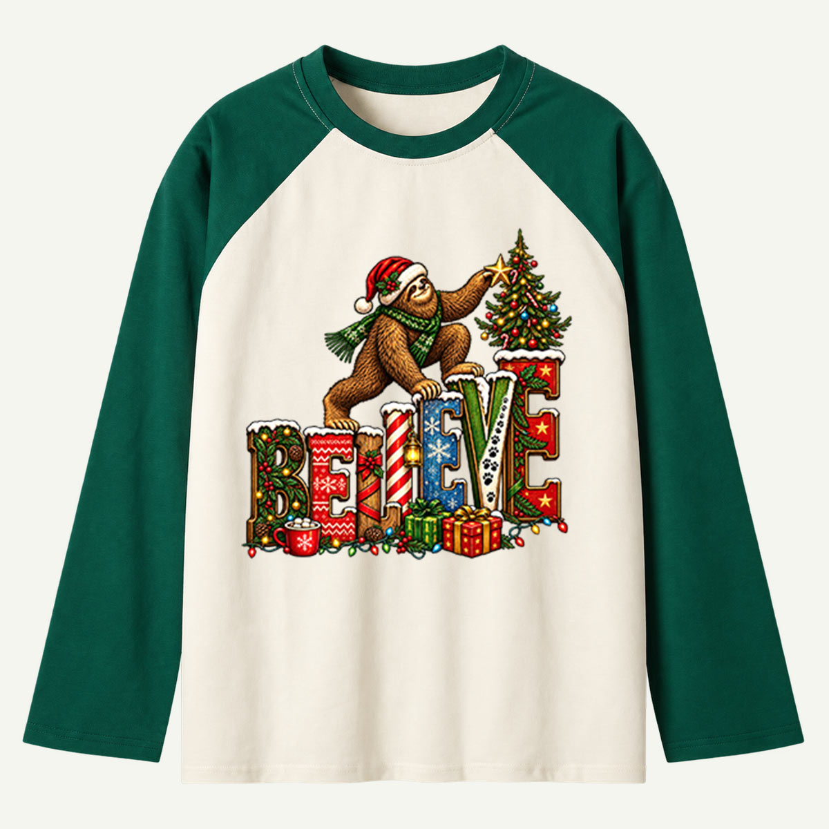 Believe In Christmas Magic Bigfoot Decorating Tree Raglan Long Sleeves