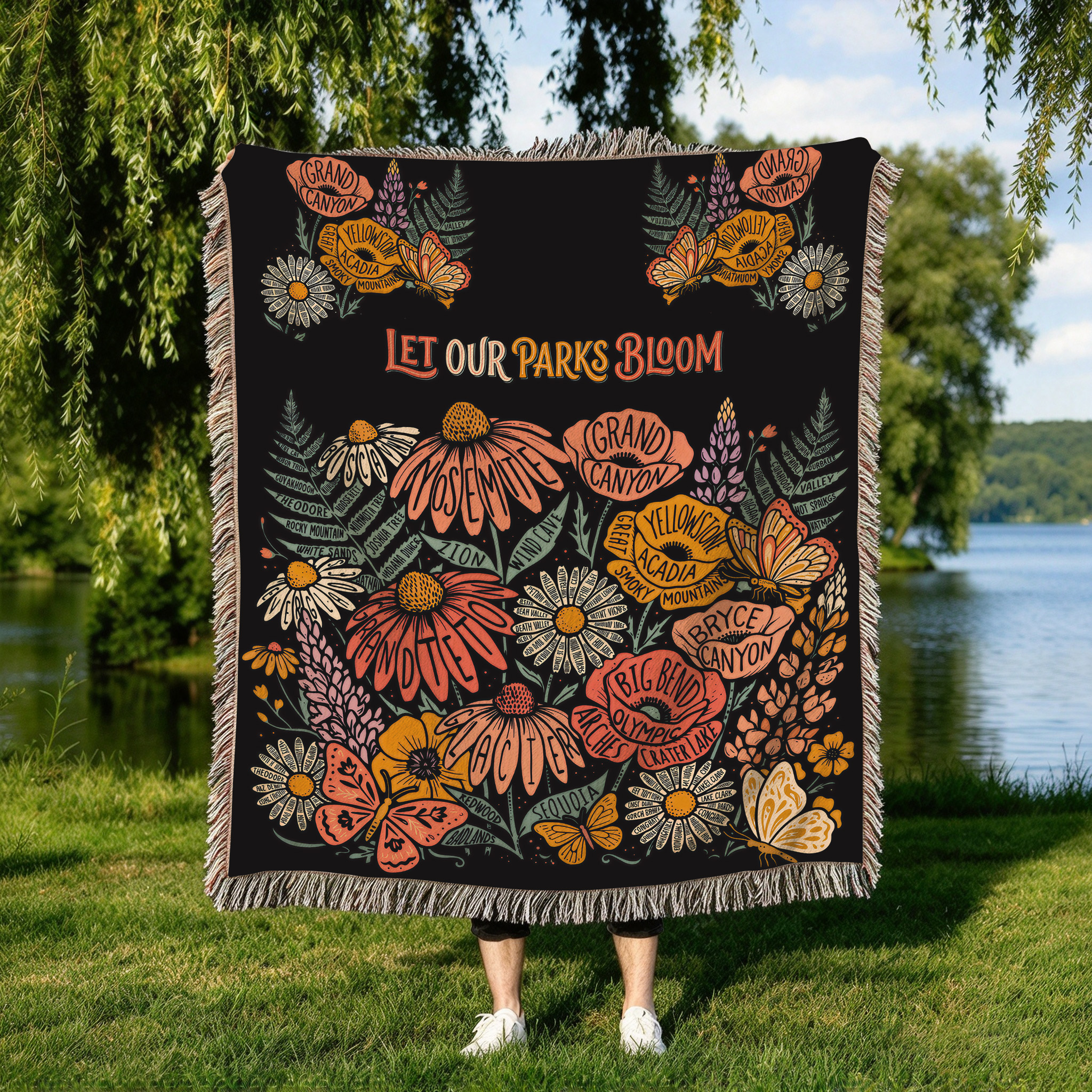 Let Our Parks Bloom National Parks Wildflowers And Butterflies Knitted Fringe Blanket