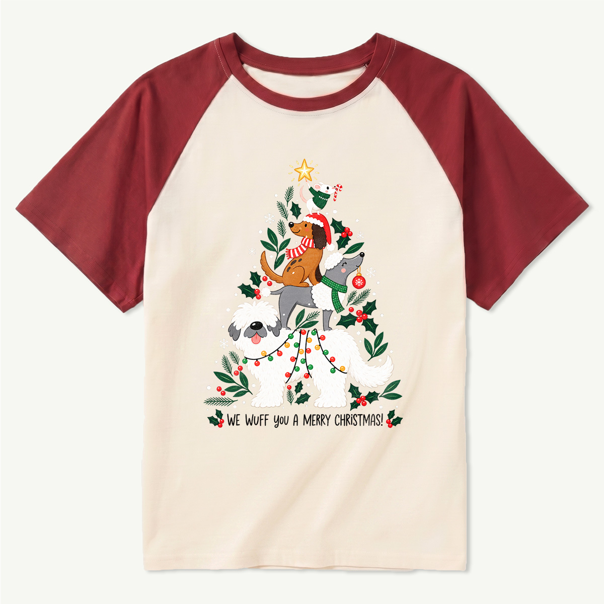 We Wuff You A Merry Christmas Stacked Dogs Raglan T-Shirt