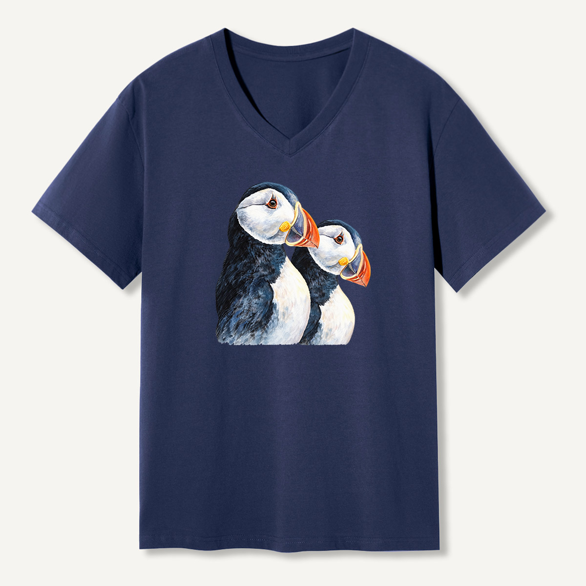 Dual Puffin Watercolor Portrait V-neck T-Shirt