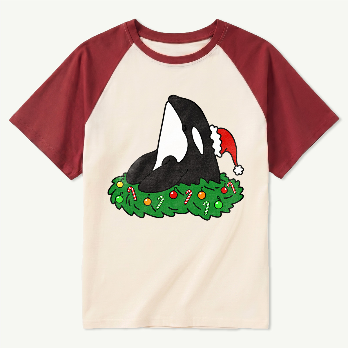 Christmas Orca Wearing Santa Hat On Festive Wreath Raglan T-Shirt