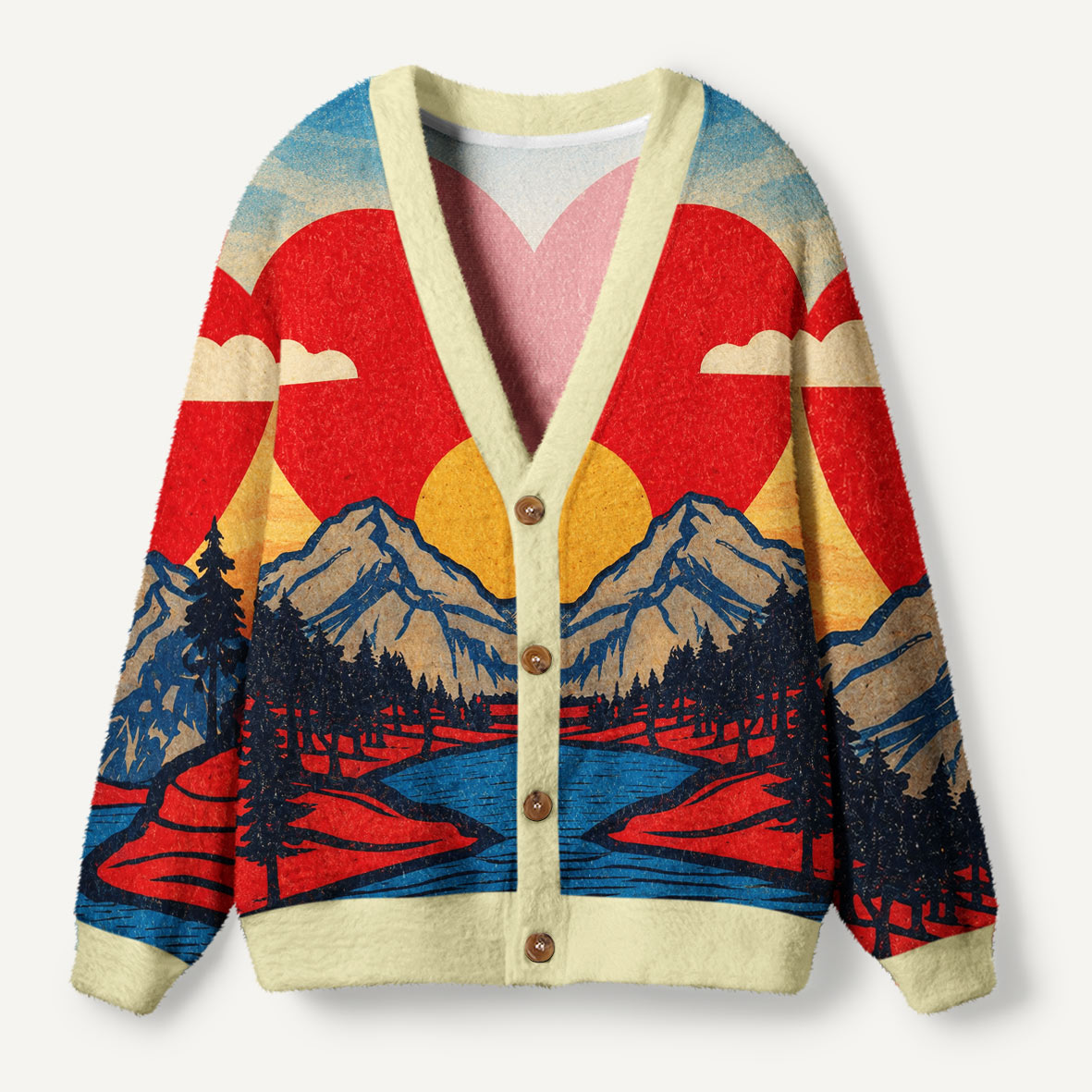 Red Sun Over the Mountain River Ugly Cardigan Sweaters