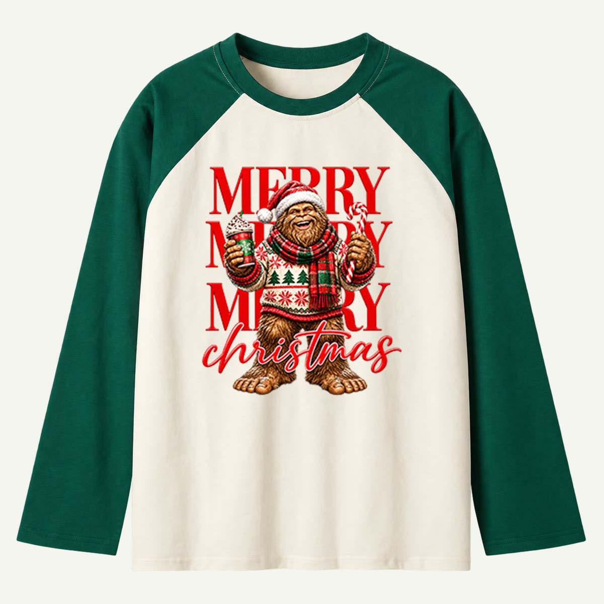 Merry Merry Merry Christmas Happy Bigfoot With Hot Cocoa Raglan Long Sleeves